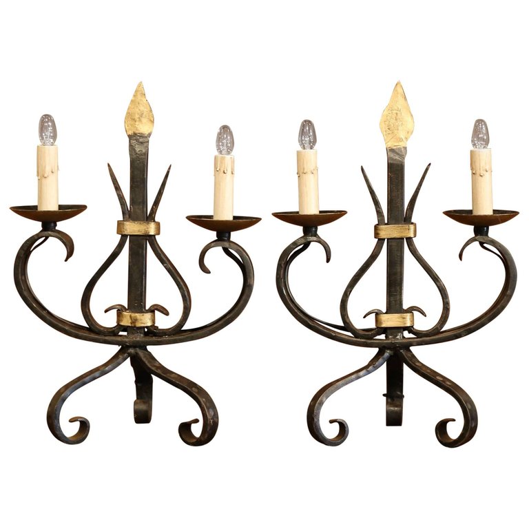 Pair of Early 20th Century French Gothic Forged Iron Two-Light Candelabras  - Country French Interiors