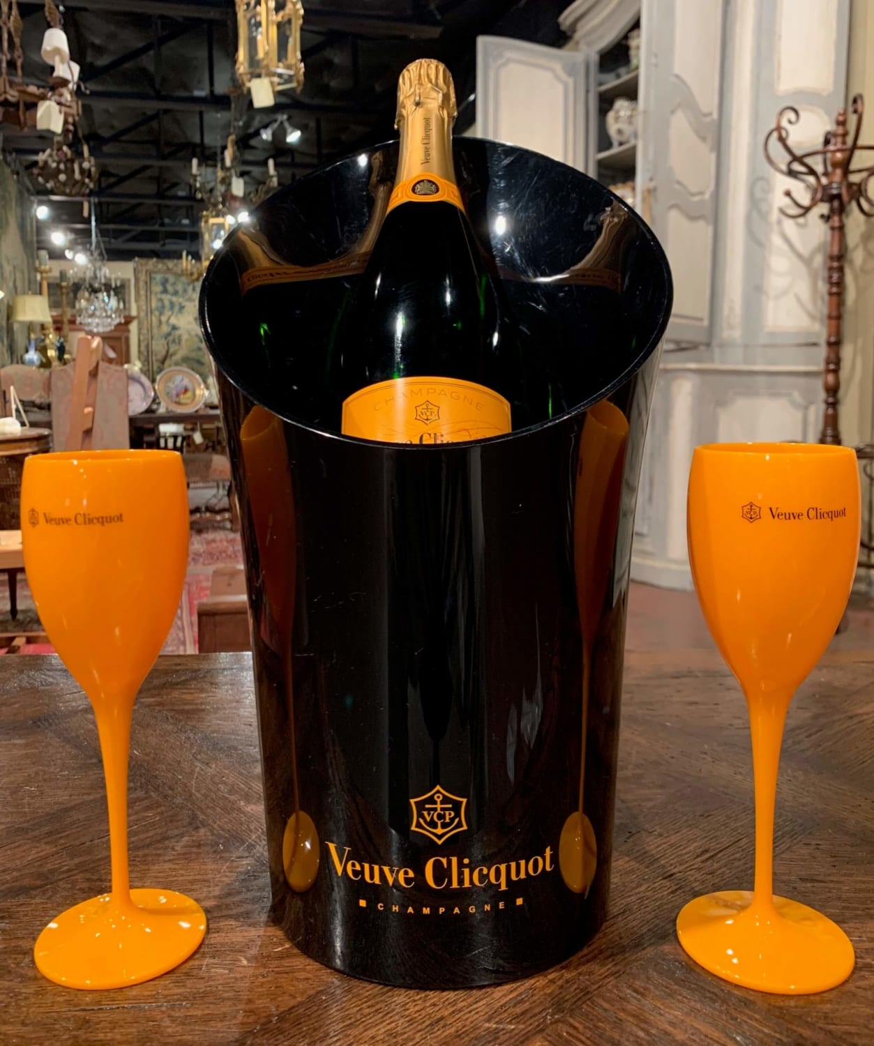 Vintage French Acrylic Veuve Clicquot Champagne Cooler and Ten Matching  Flutes