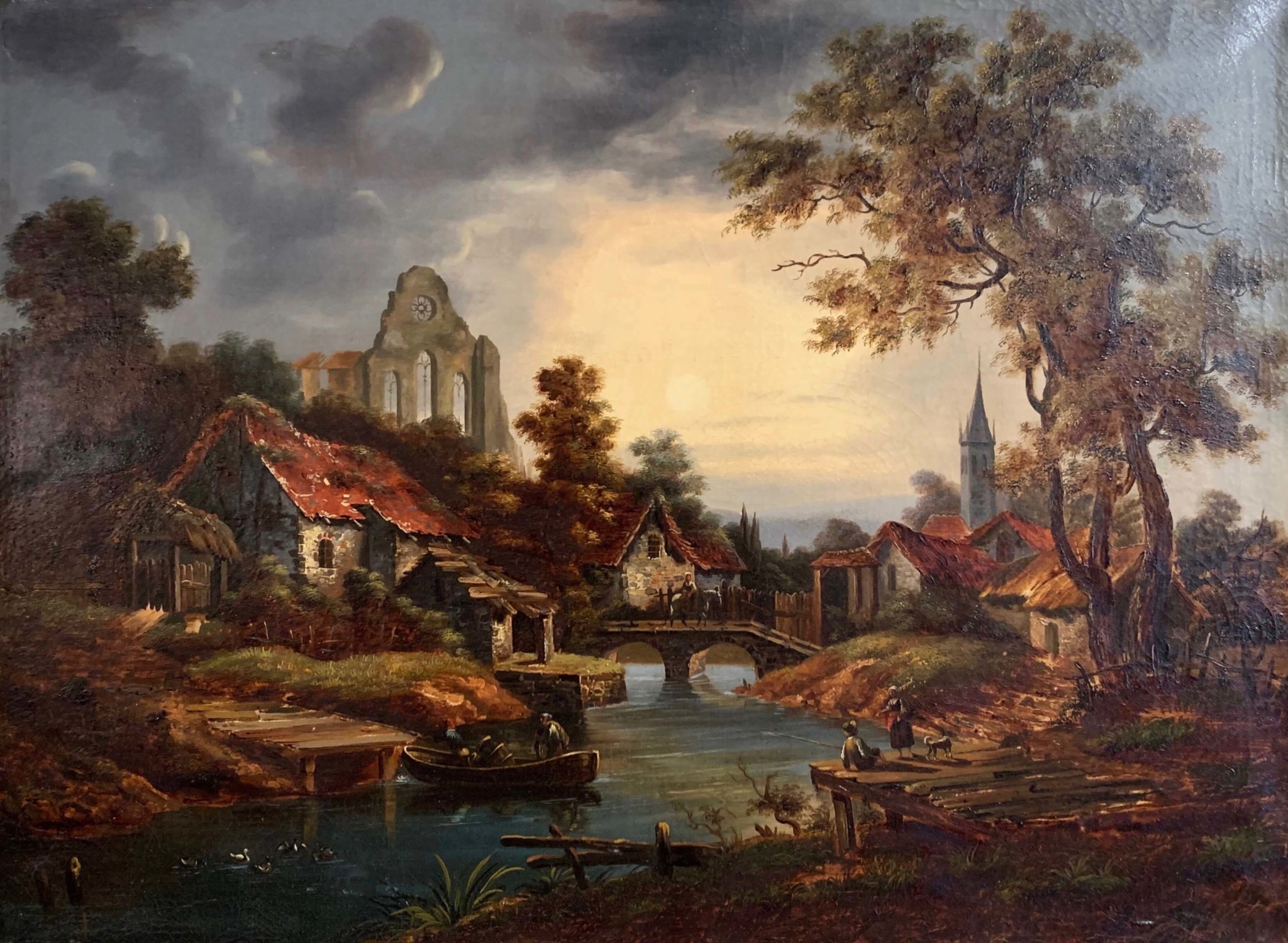 18th-century-french-oil-on-canvas-village-painting-in-carved-gilt-frame