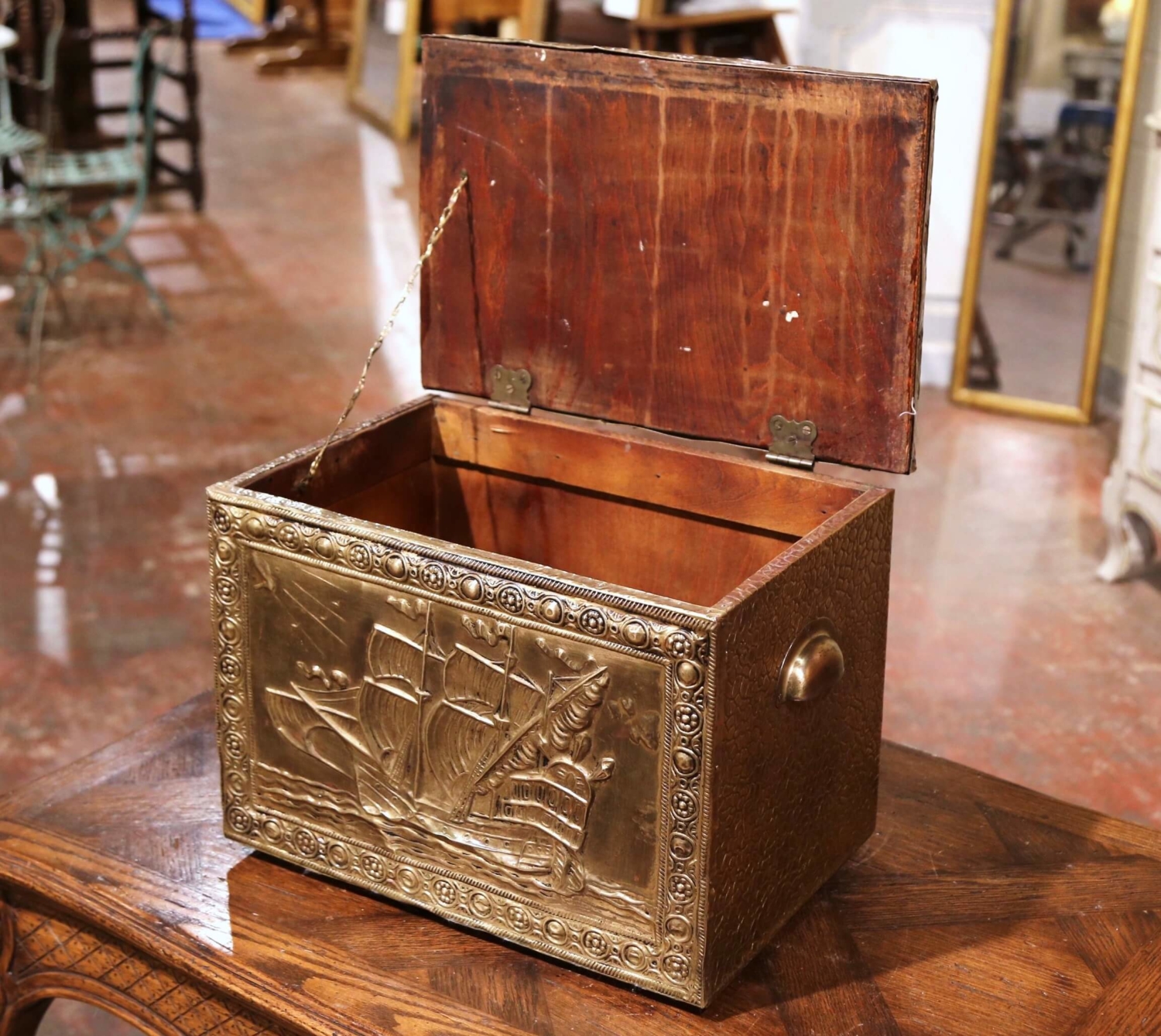 19th Century French Repousse Brass and Wood Box with Sailboat Decor -  Country French Interiors