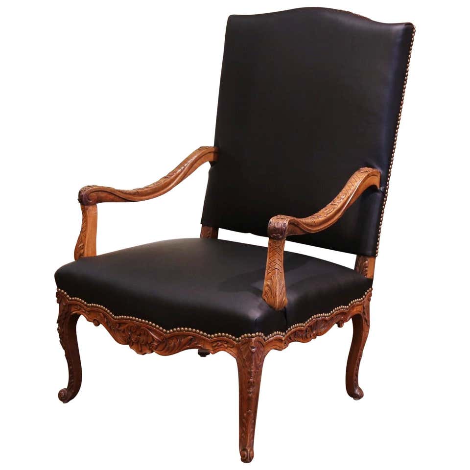Antique Louis XV Style Embossed Leather Walnut Dining Side Chair 