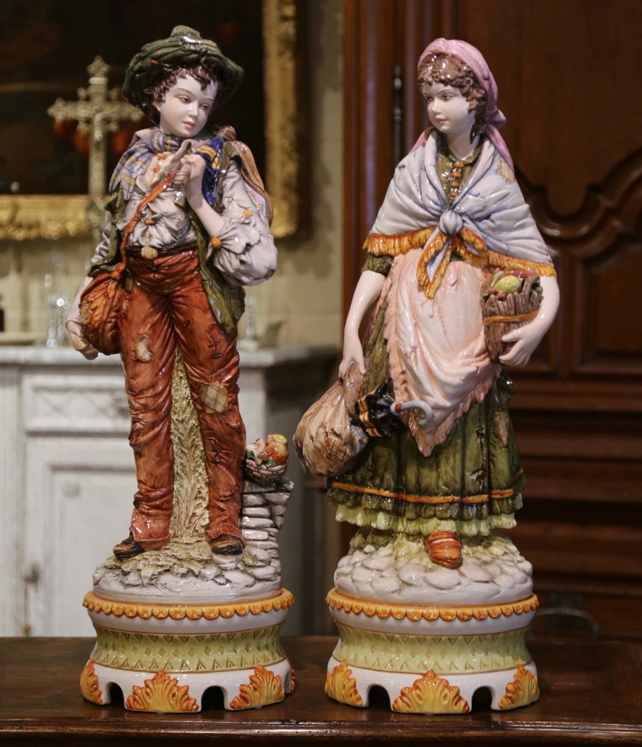 Pair of 20th Century Italian Hand-Painted Porcelain Figurine Statues -  Country French Interiors