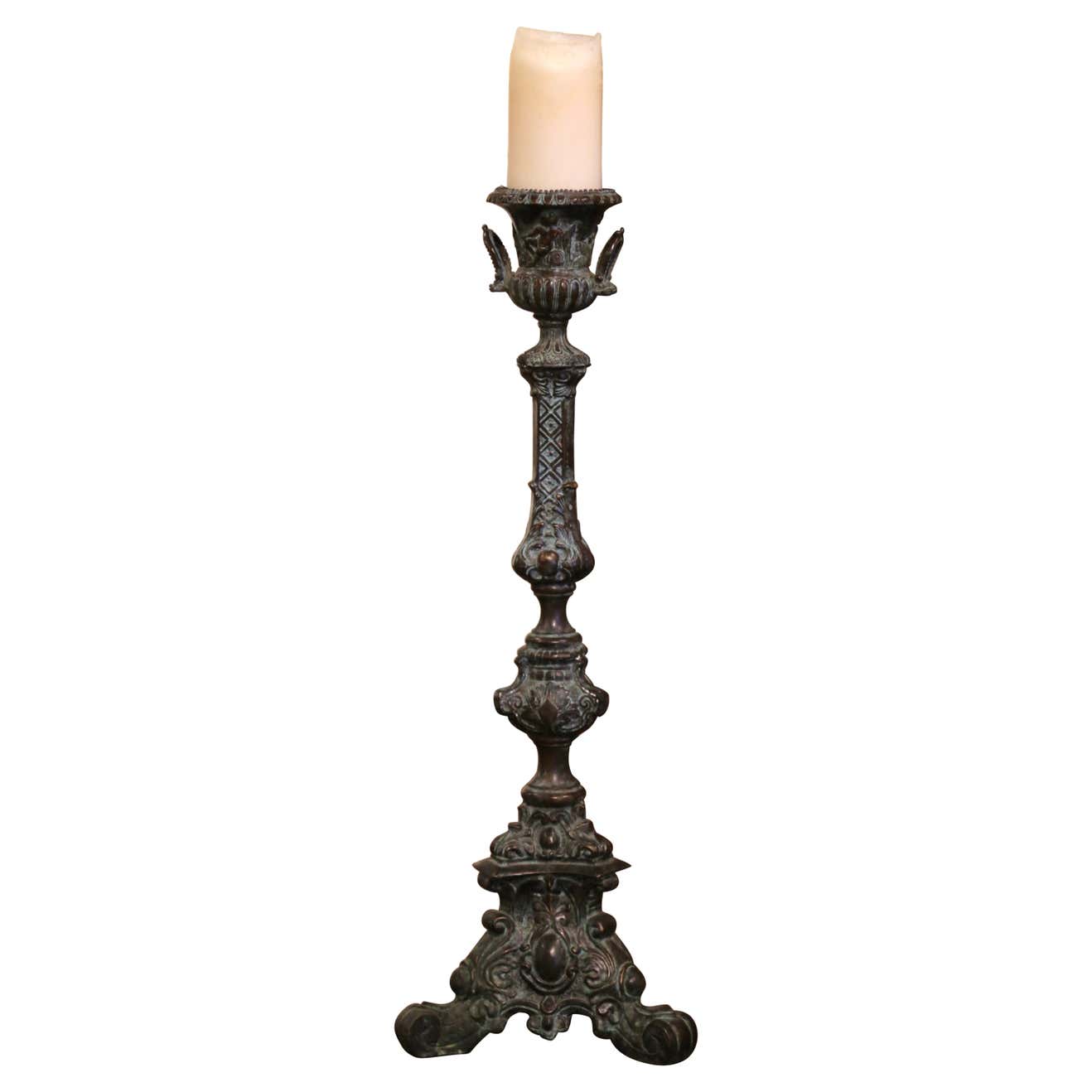 Mid-Century French Louis XV Patinated Verdigris Bronze Candle Holder -  Country French Interiors