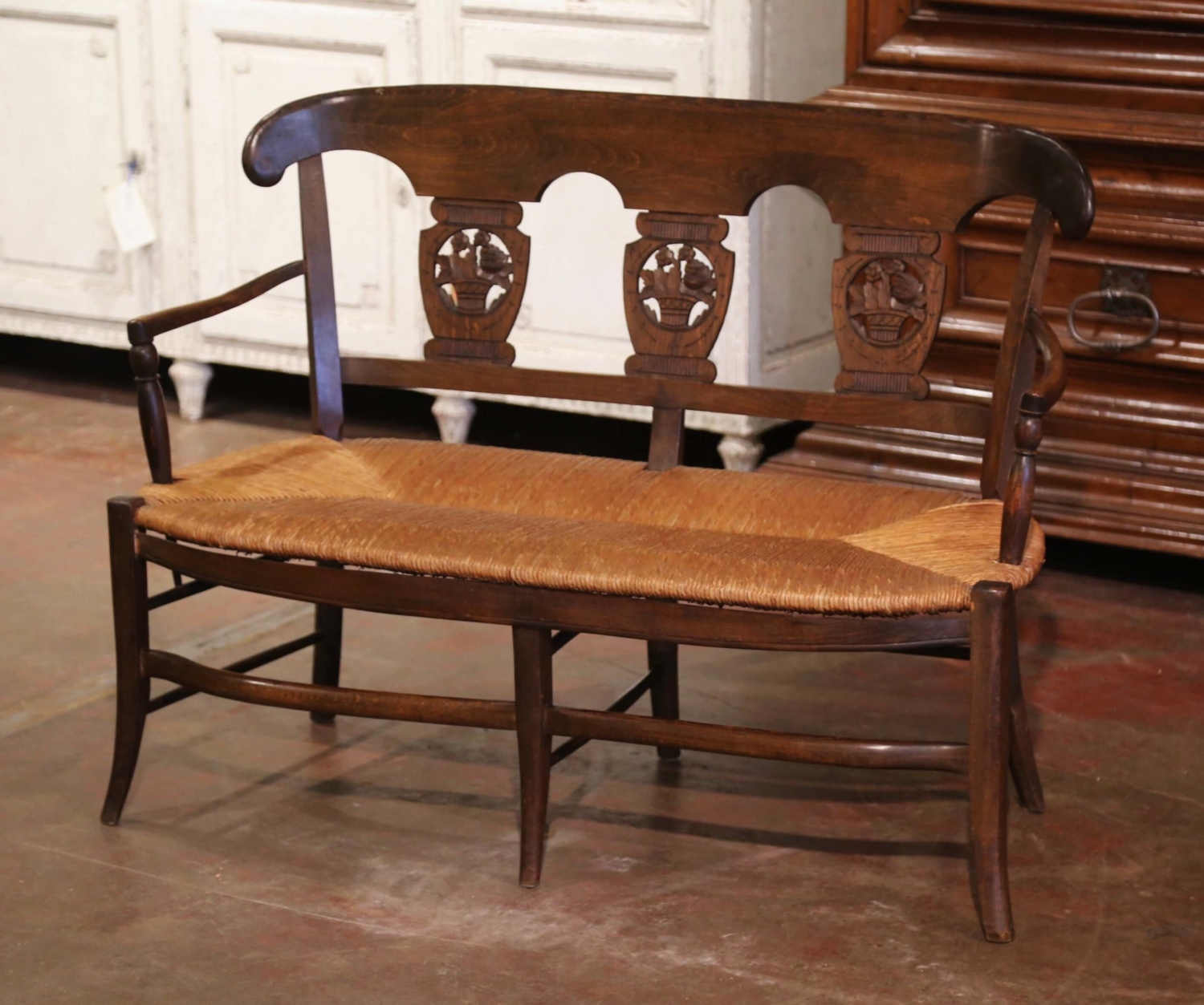 19th Century French Settee Beech - and Carved Normandy Country Wood Rush Bench from Interiors French