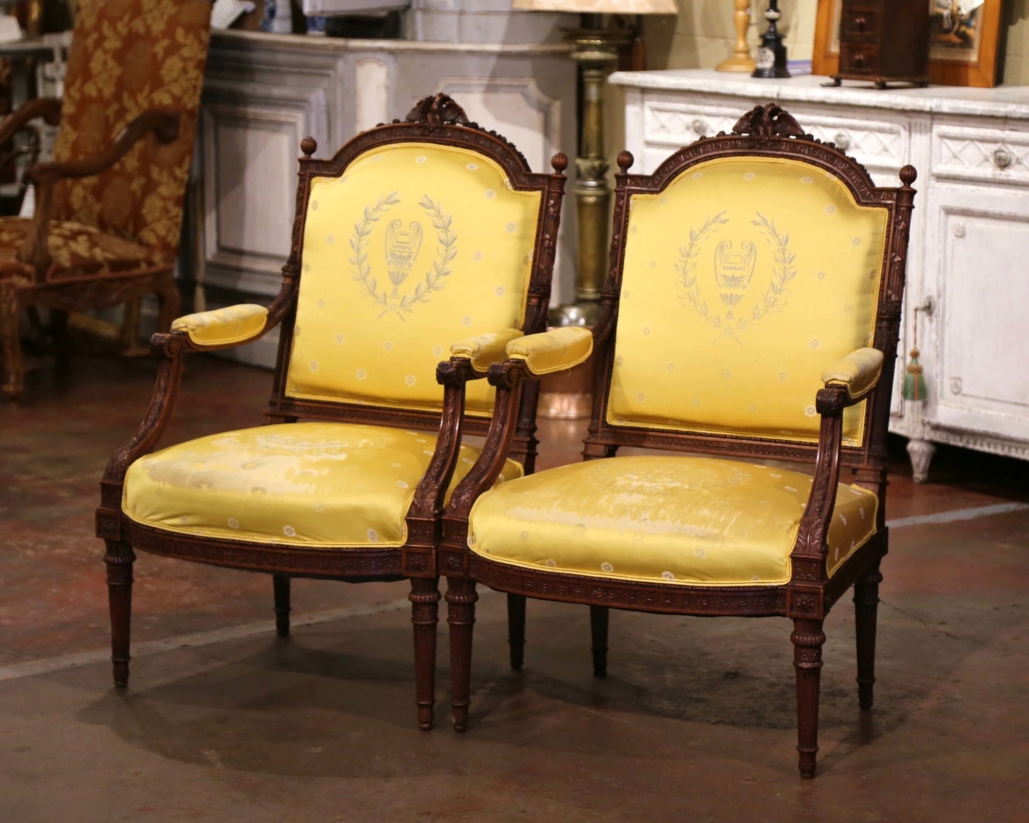 Magnificent Pair French Louis 15th Style Carved Chairs Custom Versace Fabric