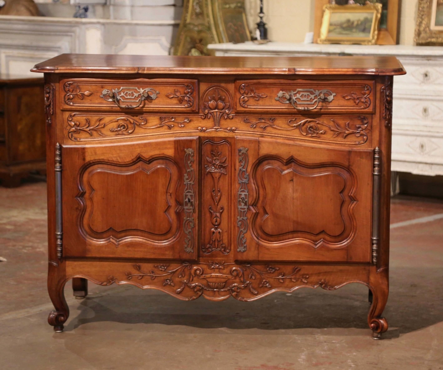 Antique French Country Louis XV Buffet Server Sideboard 4 Door