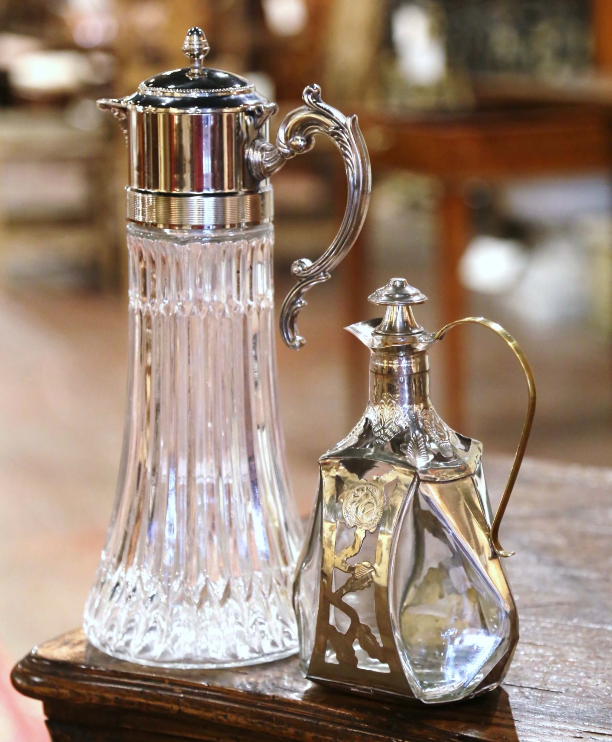 Mid-Century French Glass Wine Carafe Decanter With Stopper and Handle