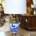 19th Century French Delft Blue and White Painted Porcelain and Brass Oil  Lamp - Country French Interiors