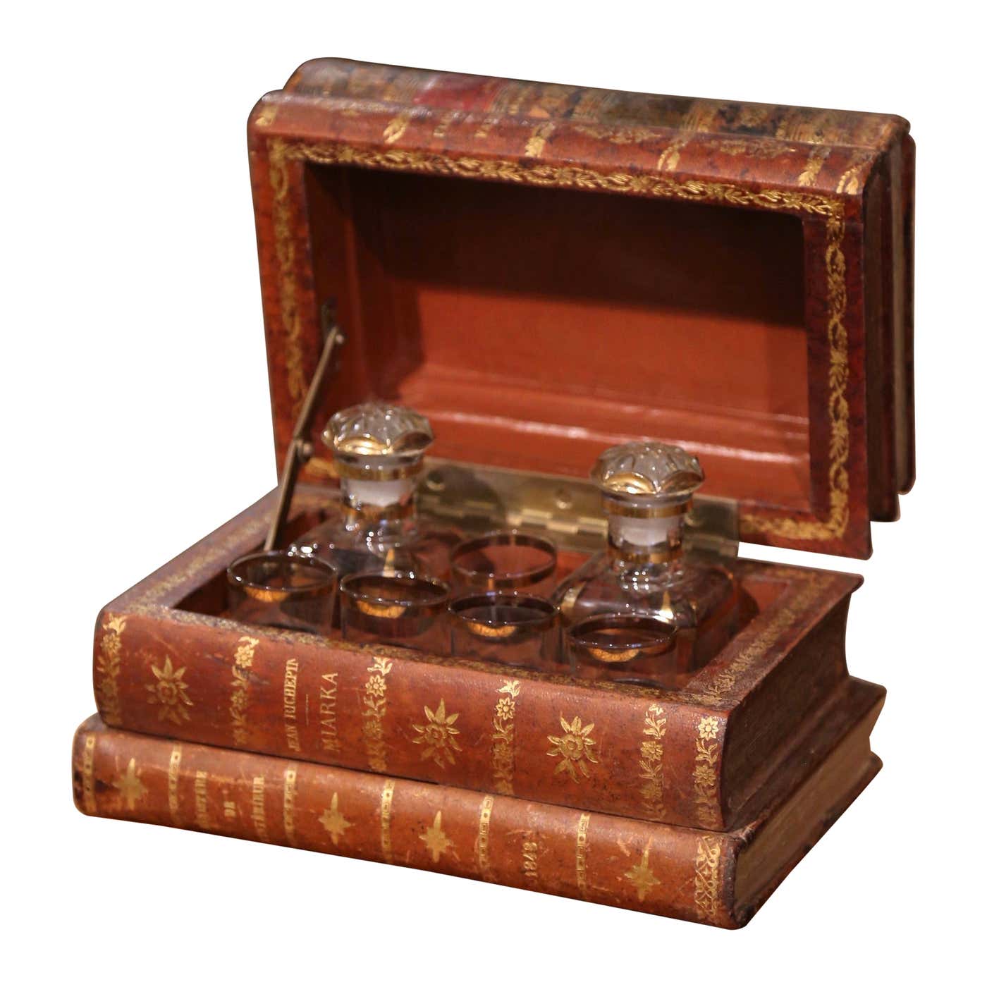 Early 20th Century French Leather Book Liquor Box with Shot