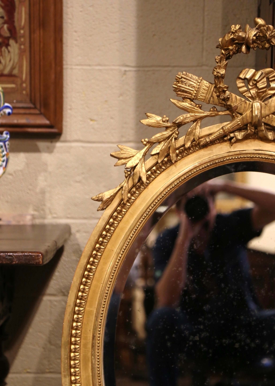 Large 19th C Gilt Wood Bow Cartouche Mirror