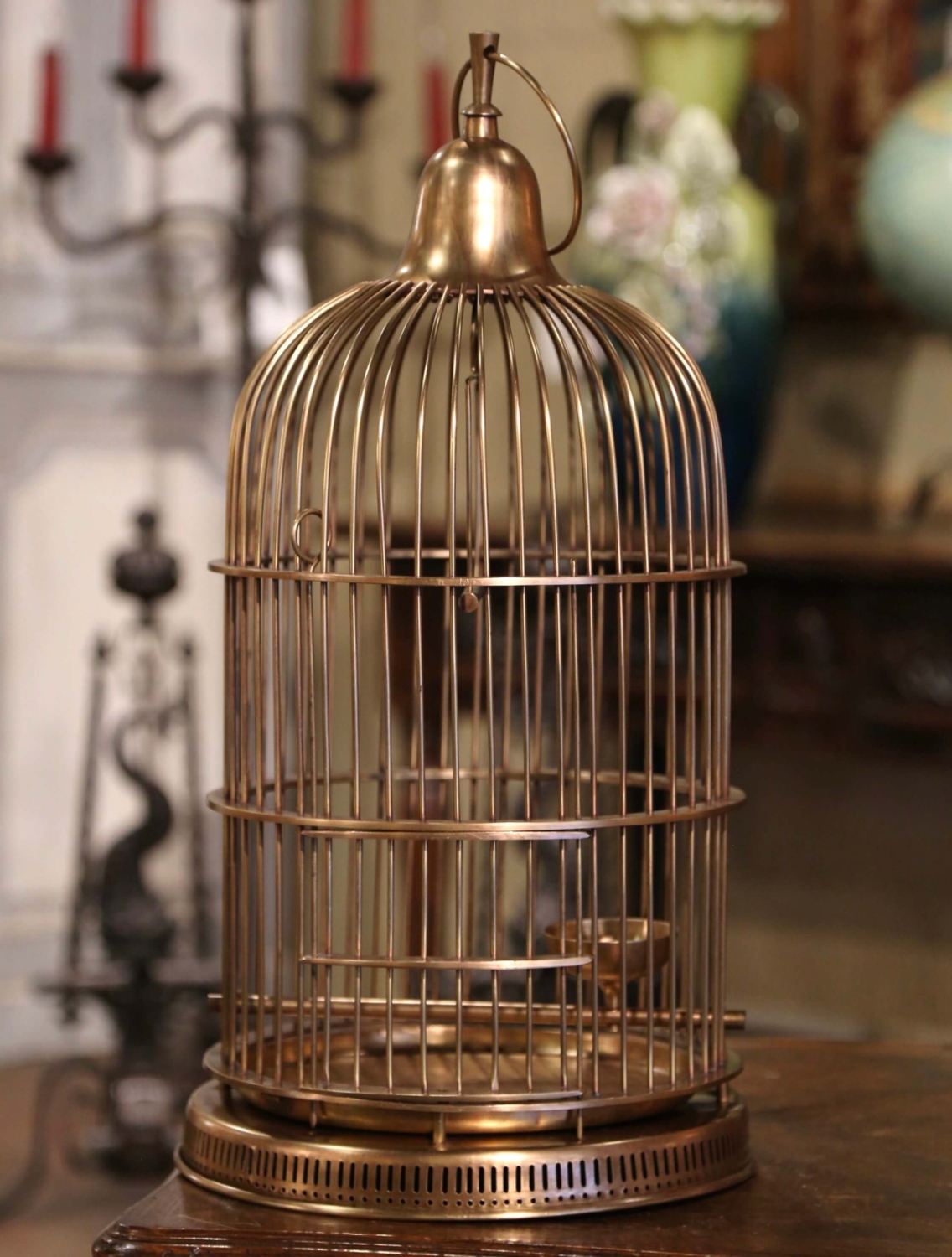 1970s Vintage Chinoiserie Brass Birdcage With Porcelain Feeding
